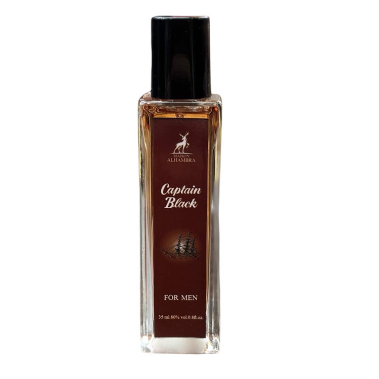 عطر جیبی مردانه الحمبرا مدل Capitan Black با رایحه گرم، تند، تلخ، چوبی حجم ۳۵ میلیلیتر