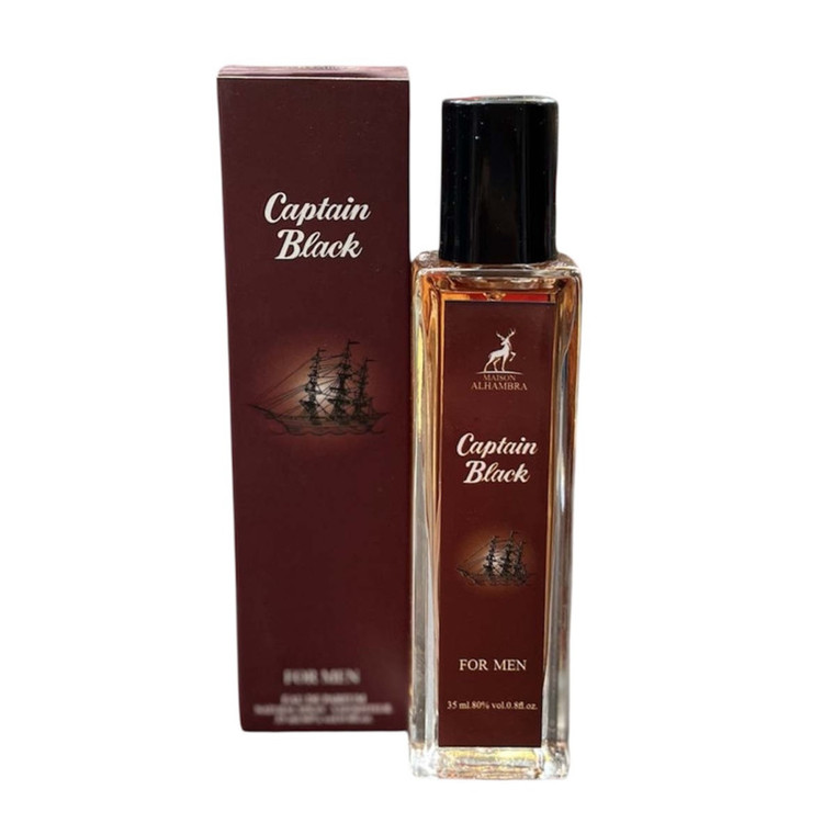 عطر جیبی مردانه الحمبرا مدل Capitan Black با رایحه گرم، تند، تلخ، چوبی حجم ۳۵ میلیلیتر